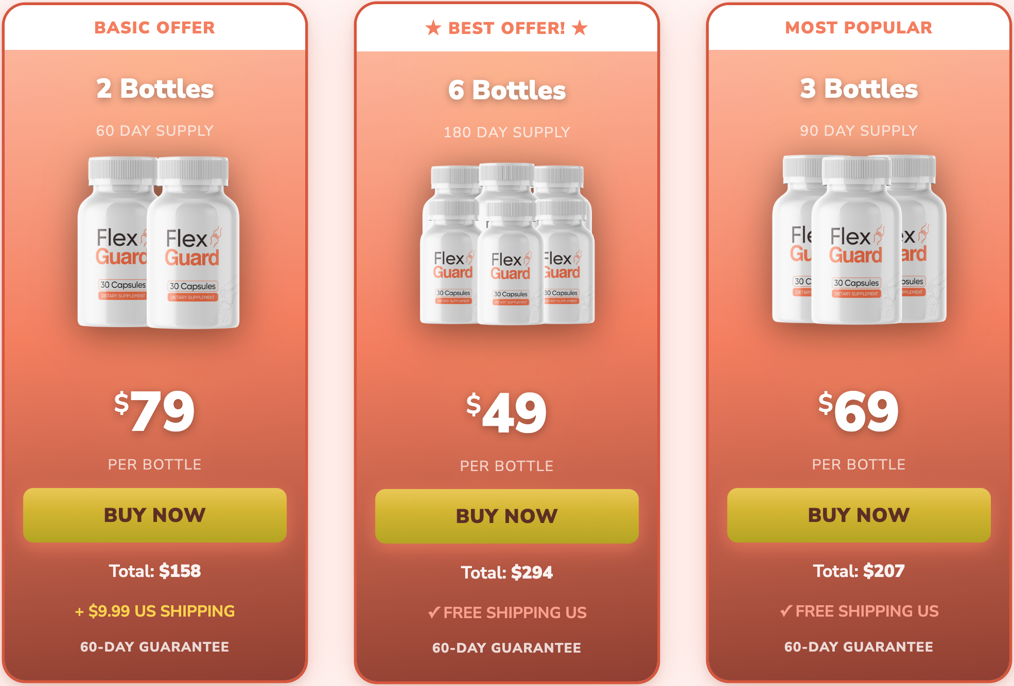 FlexGuard Joint package comparison showing two, six, and three bottle options